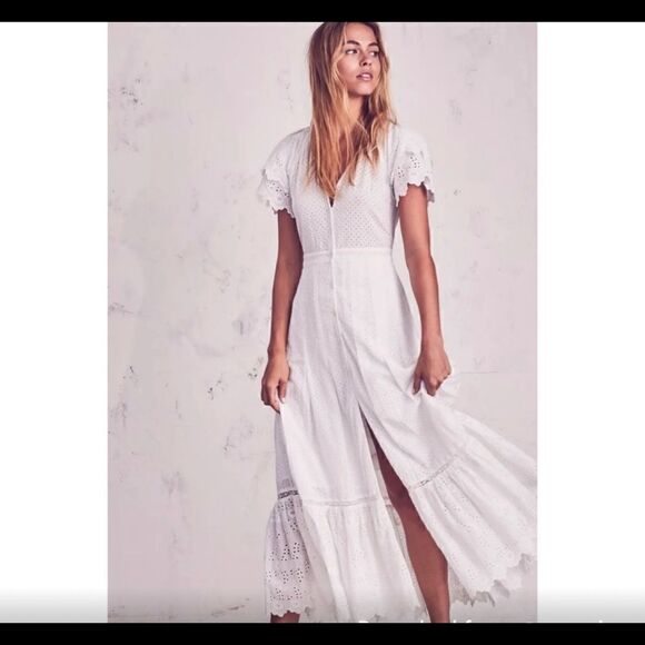LOVESHACKFANCY Jodie Eyelet Ruffle White Dress $695 Size 4 Button Down - Picture 2 of 16